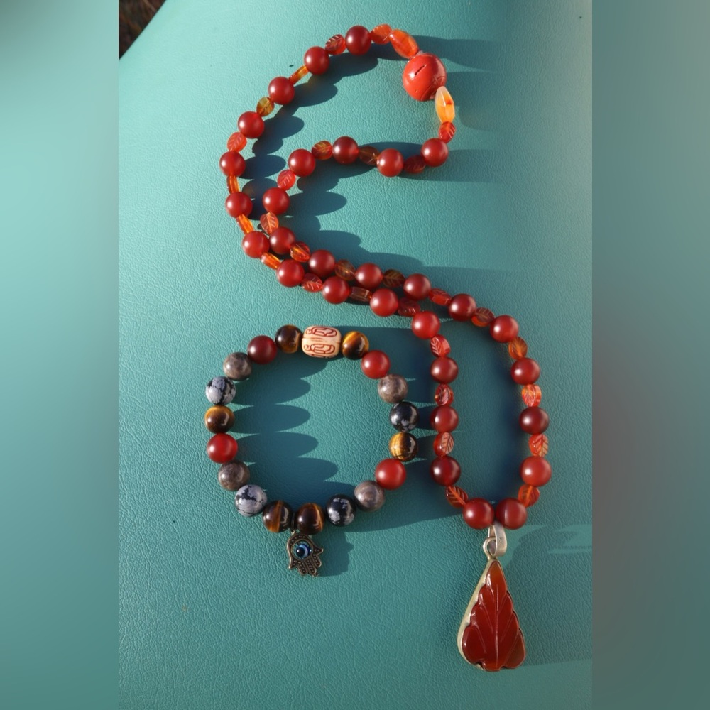 Elegant Red and Brown Beaded Necklace and Bracelet Set